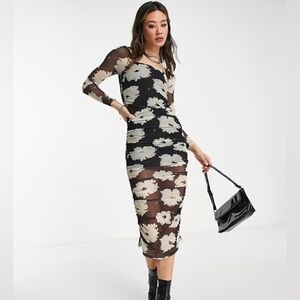 EUC Topshop 70s floral mesh ruched midi dress